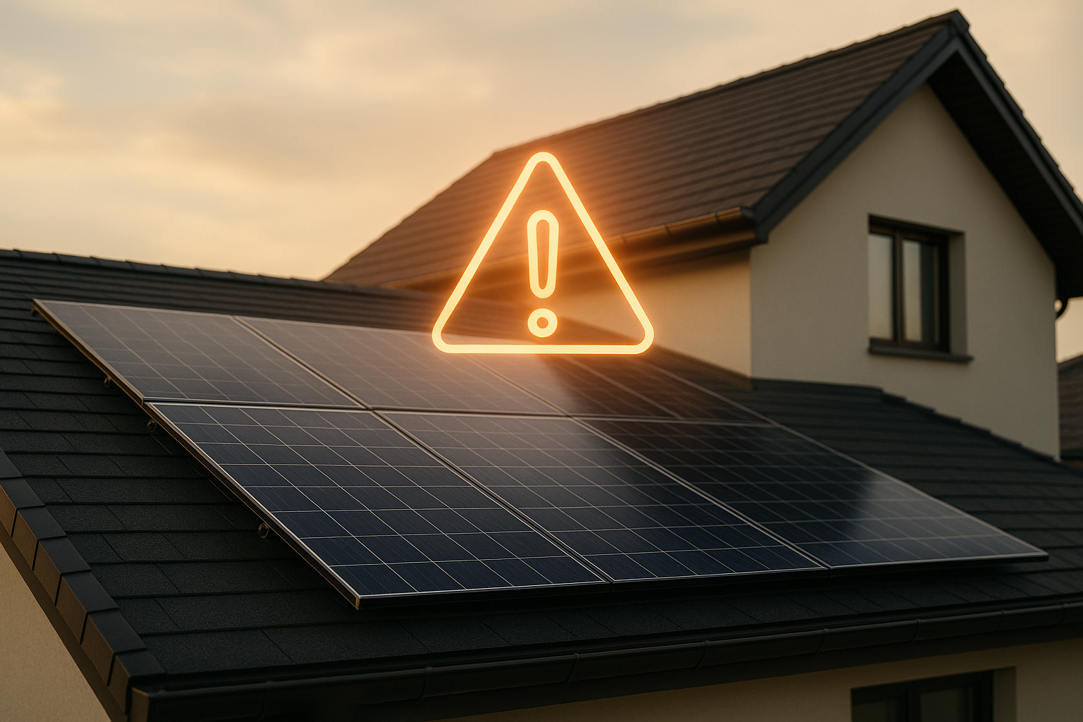a solar panel installed on a roof with an alert icon
